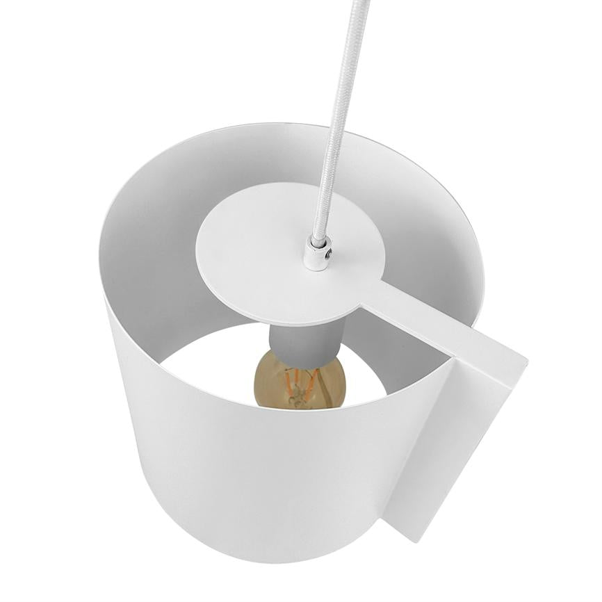 White cylindrical pendant lamp hangs from fabric cord, showing an inner bulb in a metal socket, with an open top and simple matte finish against a neutral white background.
