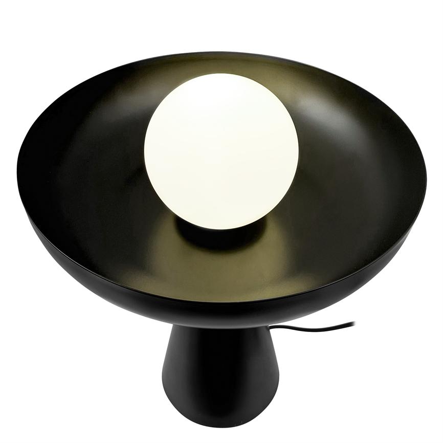 Black bowl-shaped table lamp with white bulb that glows dimly; stands on short cone-shaped base with visible black cord, photographed against white background.