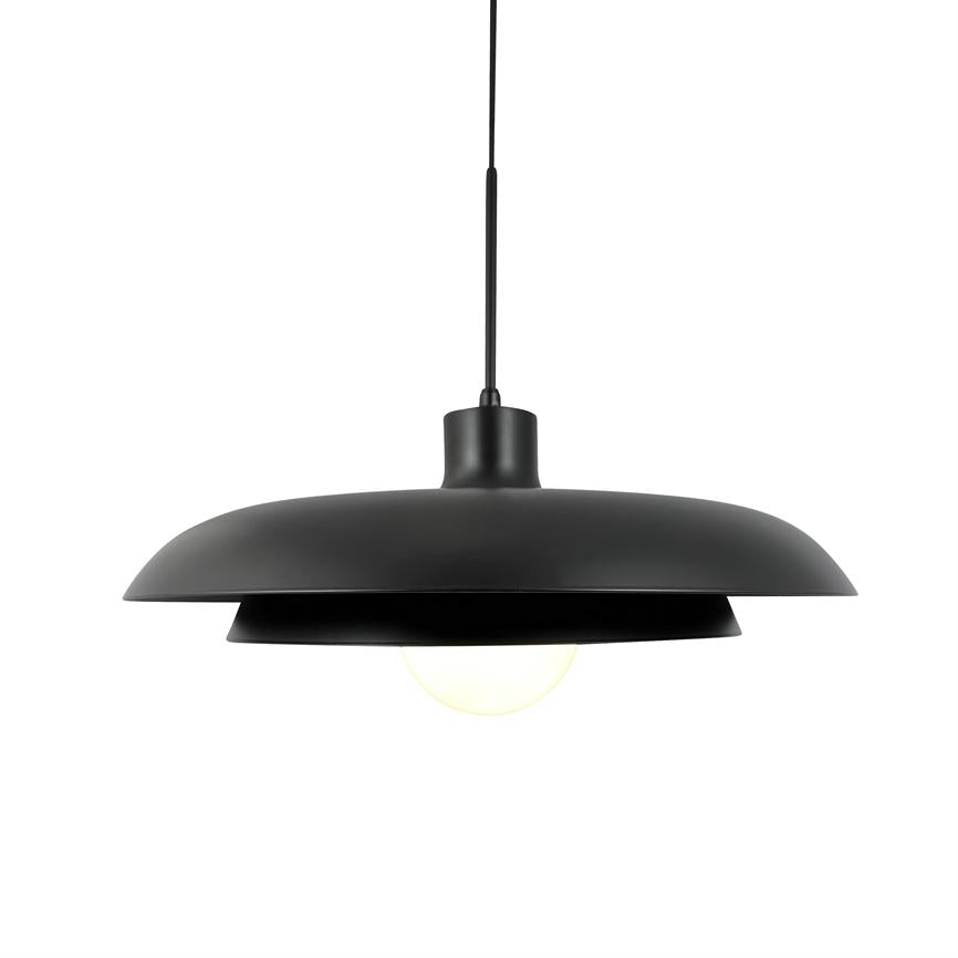 A black pendant lamp hangs from a thin cord, emitting soft light from a visible bulb, against a clean white background in a minimalist style.