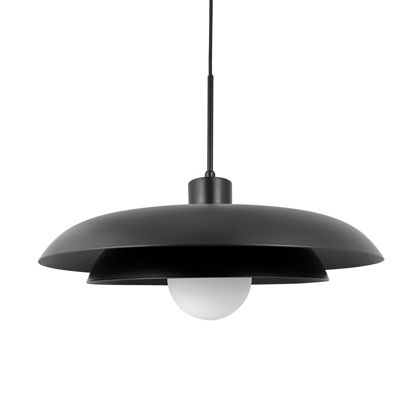 Black hanging lamp hangs from a black cord, with a round white bulb visible under two shades; simple, modern design in matte black against a uniform white background.