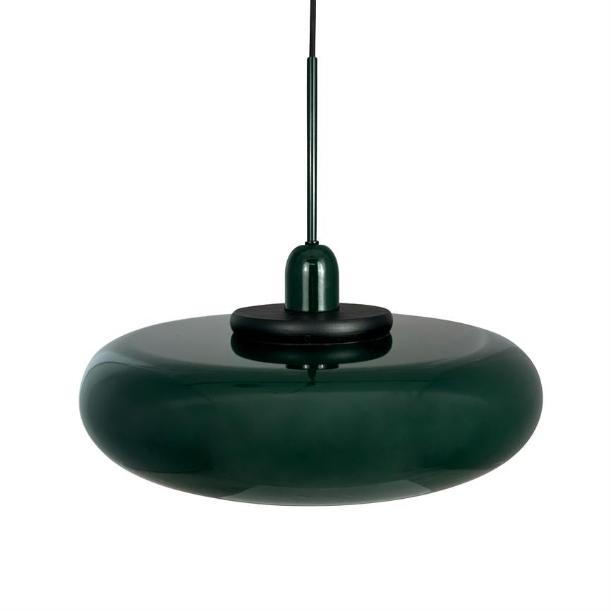 Glass pendant hanging from a thin black cord; round, flat donut-shaped dark green screen with glossy, reflective surface; isolated against a uniform white background.