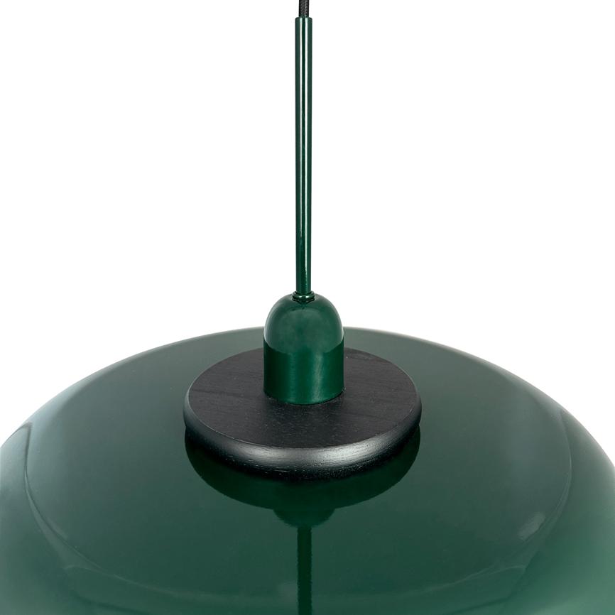 A dark green pendant lamp hangs from a thin rod above its dome, closely cropped against a white background with a glossy, reflective surface.