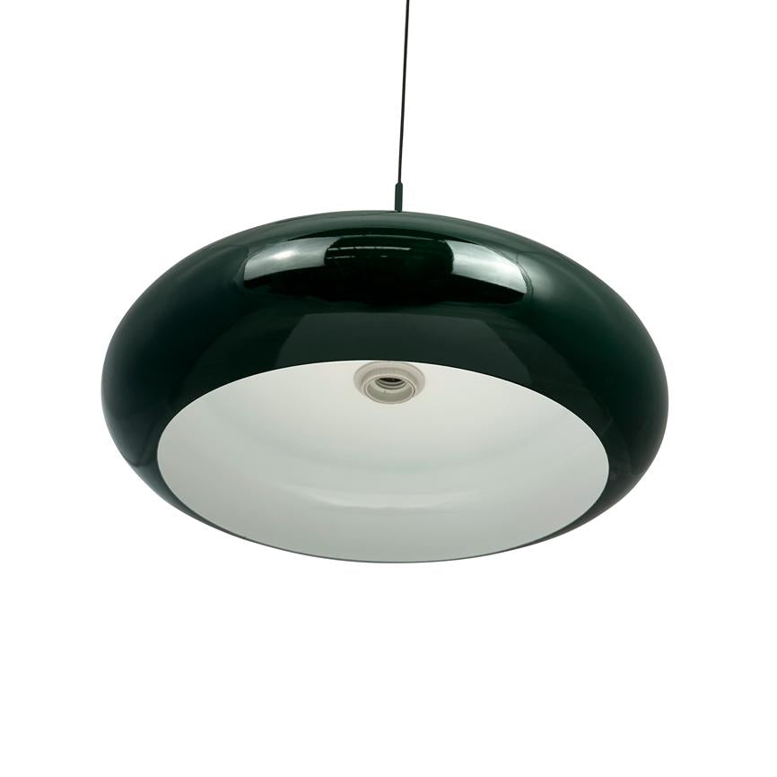 A round, dark green pendant lamp hangs from a black cord, with a white inner shade and visible socket in the middle; photographed against a simple, neutral white background.