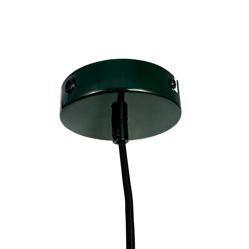 The ceiling rose holds a textile-covered black cable that hangs down from a round, glossy dark green metal box; photographed from below against a uniform white background.