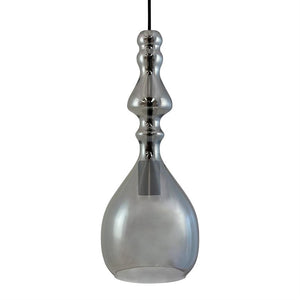 Glass pendant hanging from a black cord; smoky, drop-shaped dome with bulging, ornamented neck; glossy, transparent glass against a uniform white background.