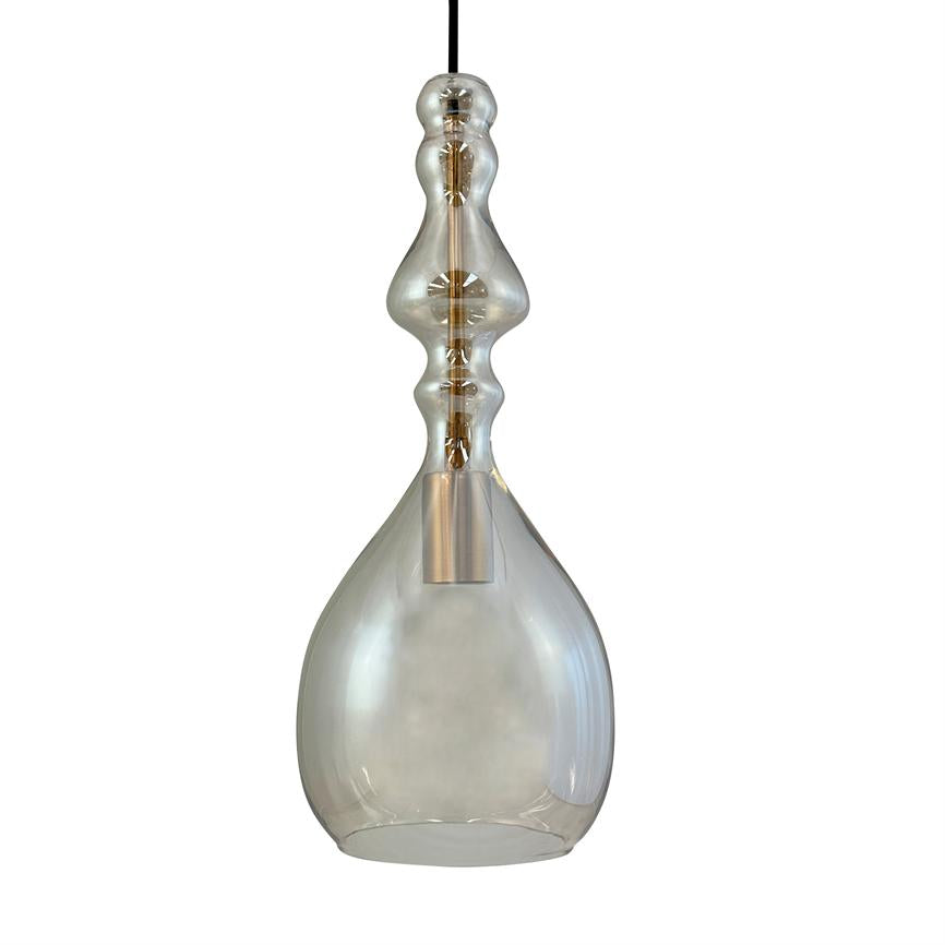 Glass lamp hangs from a black cord; translucent, drop-shaped body with sculpted neck and golden inner socket, presented against a pure white background.