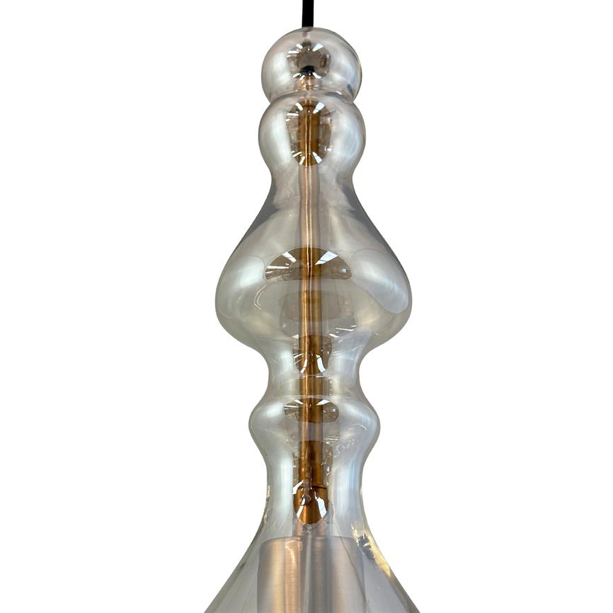 Hanging glass lamp with bulbous interlocking glass domes around a central brass rod; the lamp is suspended by a black cable and is seen against a neutral white background.