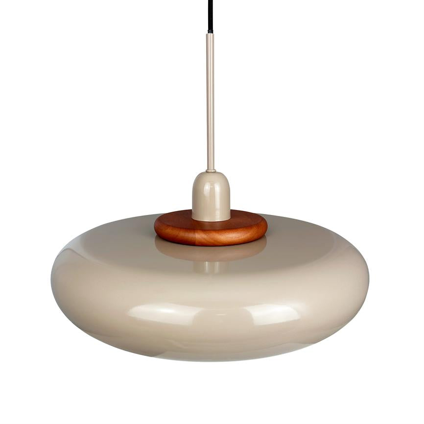 Hanging lamp: donut-shaped, glossy beige glass shade with a wooden ring at the socket, suspended from a slim rod and black cord over a white background.