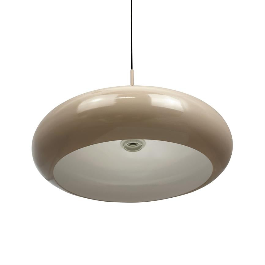 A beige glossy round hanging lamp — floating in black cord, facing downwards with white diffuser and visible socket; minimalist, modern design against neutral white background.