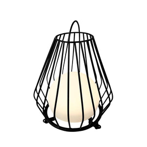 Black metal wire lantern encases an illuminated white sphere; placed isolated on a neutral white background.