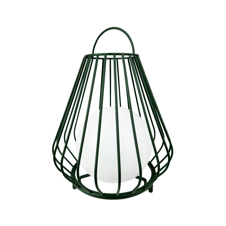 Green metal lamp encases a white opal glass ball; lattice-shaped cage with hoop at the top holds the ball, placed on a uniform white background.