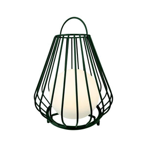 A dark green metal lantern with a curved handle: a white, glowing opal globe sits inside, emitting soft light against a pure white background.