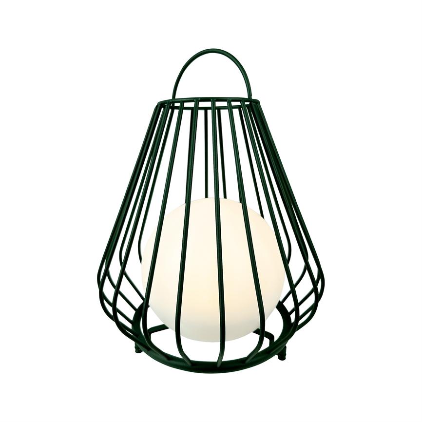 A dark green metal lantern with a curved handle: a white, glowing opal globe sits inside, emitting soft light against a pure white background.