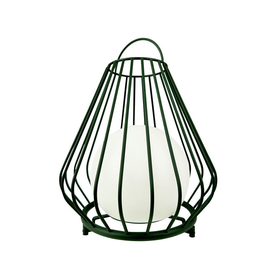 Dark green lattice lantern encloses a white, frosted glass ball, acting as a decorative table lamp on a clean, white background.