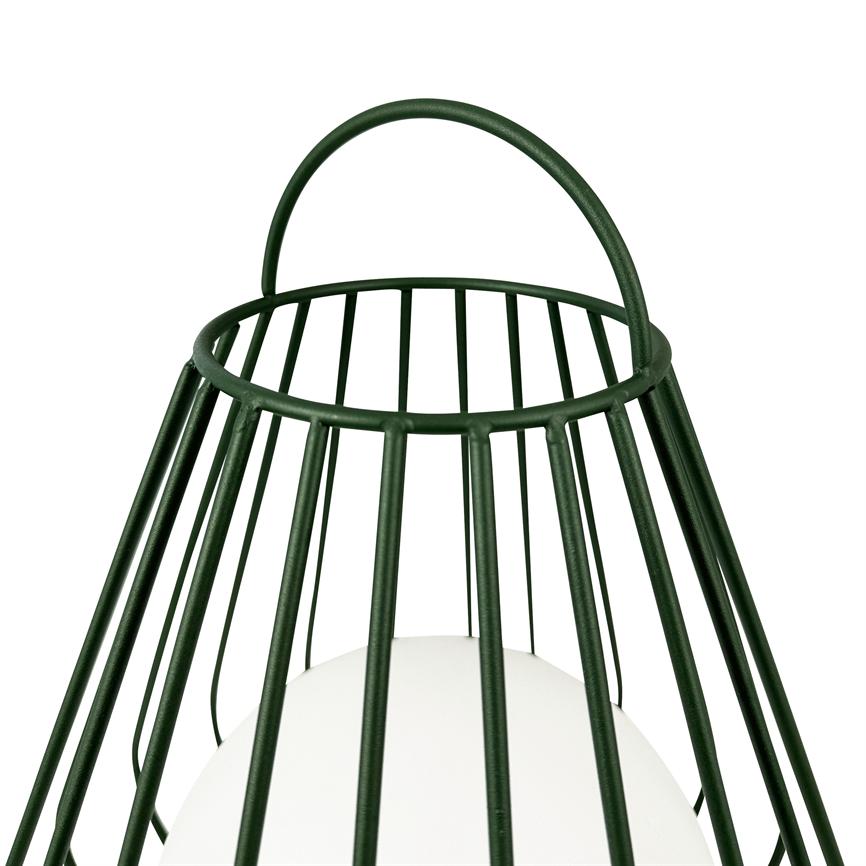Green metal frame (lantern) encases a white sphere; the frame consists of vertical bars and a curved handle, set against a plain white background.