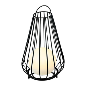 A black, cone-shaped metal grid lamp encloses a warm, white, glowing orb; the lamp stands alone on a neutral white background.