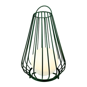 Black metal cage lamp encloses an illuminated white glass ball; cone-shaped grid stands freely against a uniform white background.