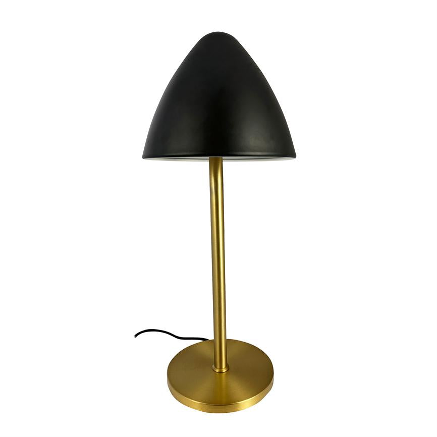 Black, mushroom-shaped lampshade stands on a slender, gold-colored rod with a round base; a black wire lies at the base on a white background.