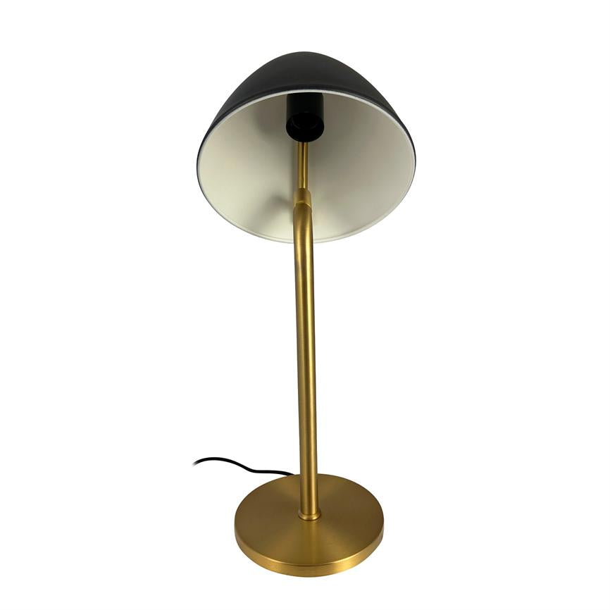 Table lamp with black, bowl-shaped shade, golden metal stand and round base; screen points down, no bulb visible, black power cord runs from foot to left on white background.