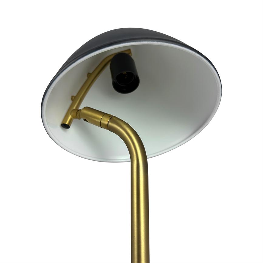 A gold colored lamp rod with curved arm holding a round lamp shade; the white underside of the screen and an empty lamp socket are seen against a neutral white background.