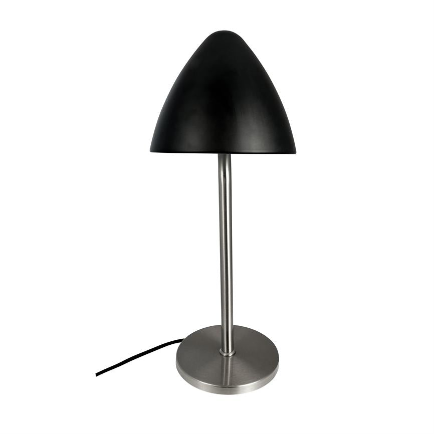 A table lamp with a mushroom-shaped black shade stands on a slender steel rod and round metal base; a black cord lies at the foot, set against a neutral white background.
