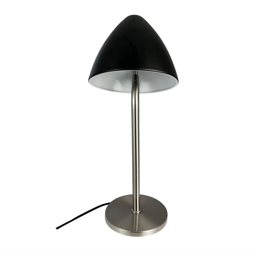 Table lamp with black, cone-shaped shade stands on a brushed metal post and round base; black wire lies out to the side against a clear, white background.