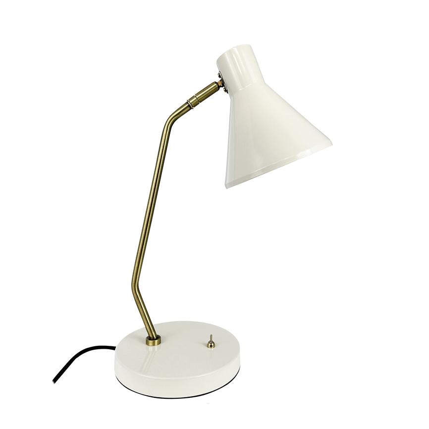 A white table lamp with brass rod, shade pointing downwards, mounted on round base; black wire runs out to the left, isolated against a neutral white background.