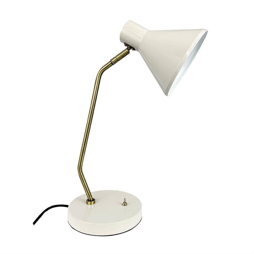 A white desk lamp with cone-shaped shade and curved brass arm, points downwards above a round white base; black wire unrolls on a neutral white background.