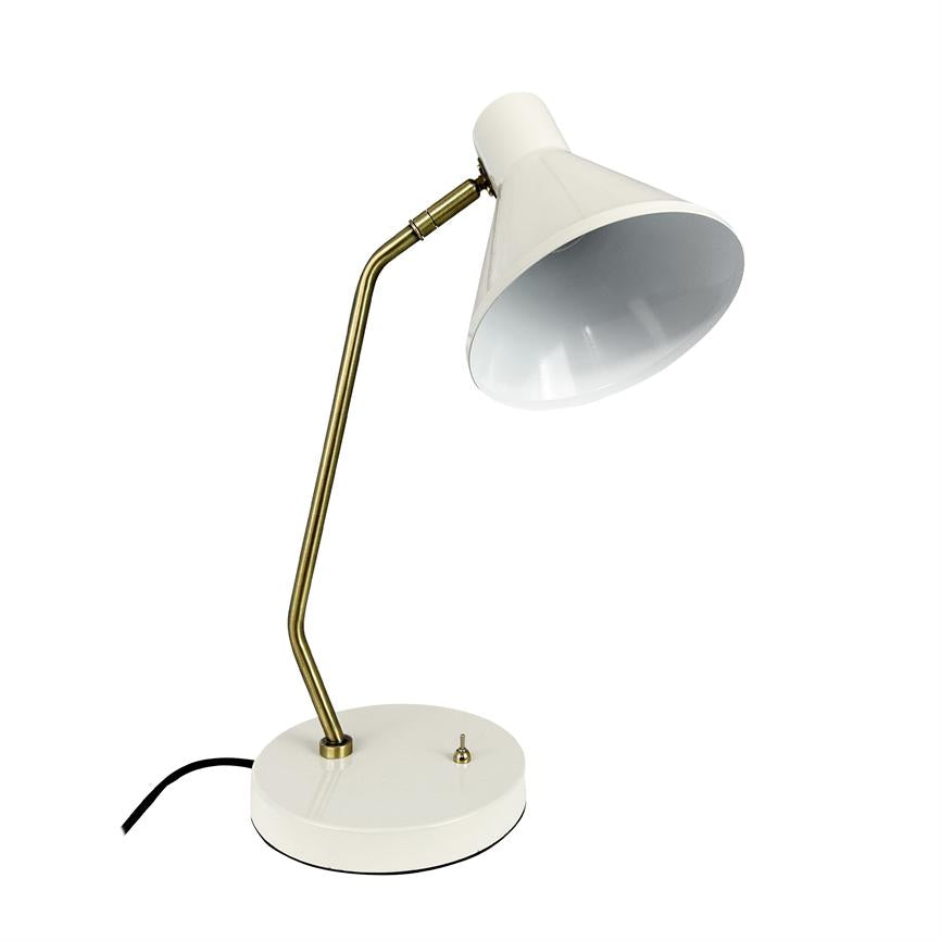 White metal desk lamp with golden curved arm, shade angled downwards above round base on solid white background.