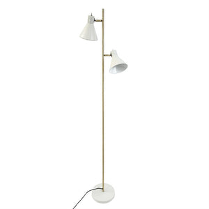 A tall floor lamp with two white, angled adjustable shades; it stands on a slender brass rod with a round white base on a neutral white background.