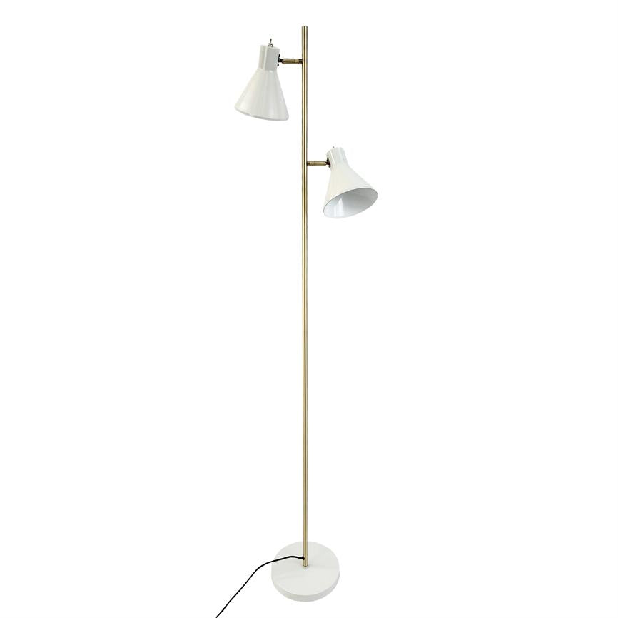 A tall floor lamp with two white, angled adjustable shades; it stands on a slender brass rod with a round white base on a neutral white background.