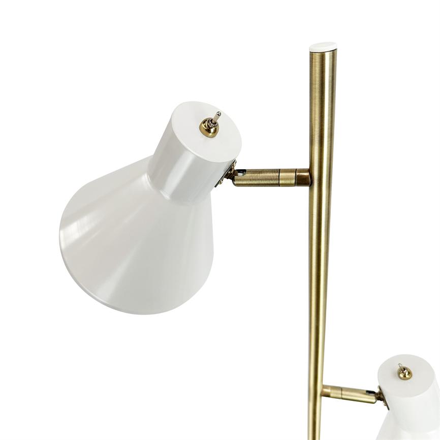 White conical lampshade adjusts on an adjustable link, mounted on a vertical brushed brass rod against a neutral white background.