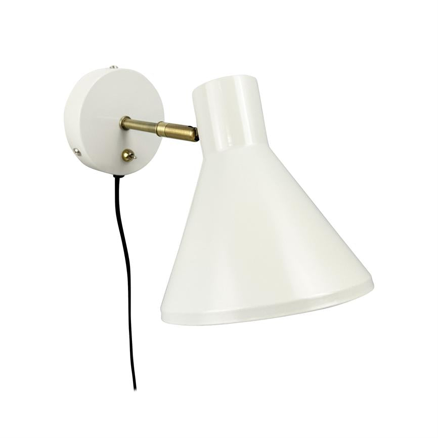 Wall lamp points downwards; white conical shade mounted on round white plate with short brass arm and black cord, shown against a neutral white background.