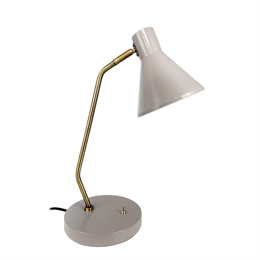 A light gray desk lamp points its conical shade downwards; a curved brass column connects screen and round gray base on a similar white background.