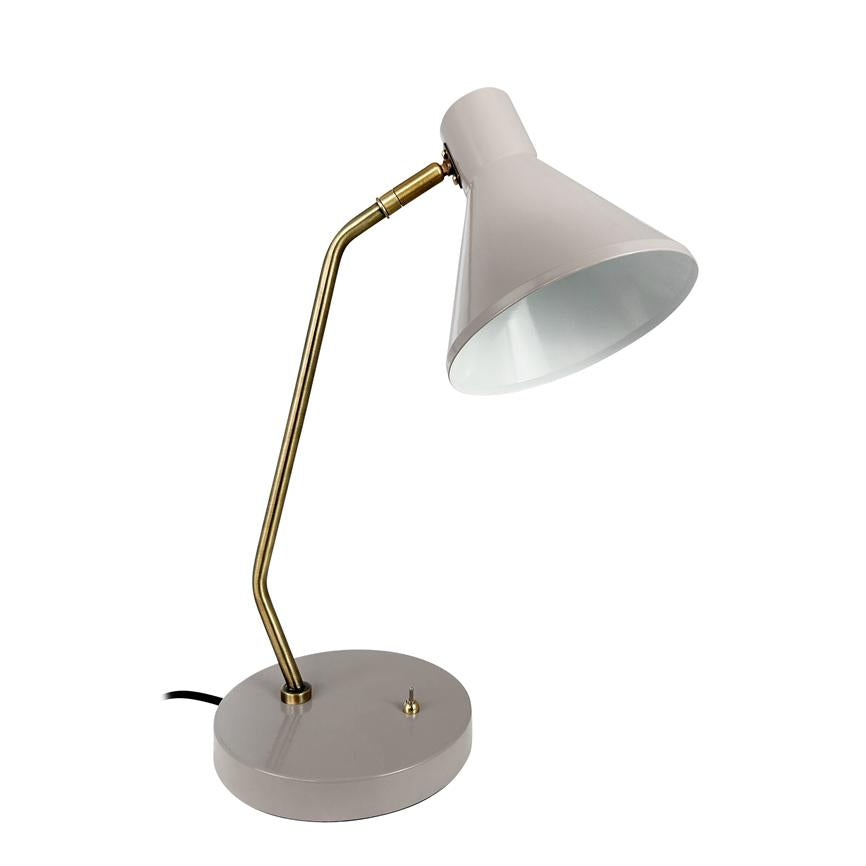 A table lamp with a conical shade directs the shade downwards; a curved, gold-colored arm connects the screen to a round, light gray foot on a uniform white background.