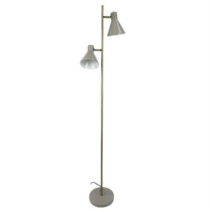 Floor lamp with two adjustable gray cone shades pointing in different directions, mounted on a slender brass rod and standing on a round base against a white background.