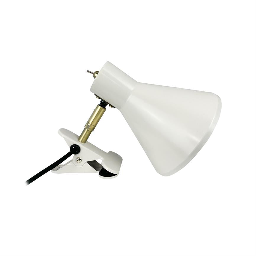 White clamp lamp with conical shade and brass link, mounted on clamp base, cord exits from the clamp; placed against a uniform white background.
