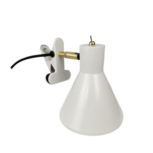 A white clip-on lamp with cone-shaped shade; it rotates on a brass swivel, is connected to a black wire and mounted on a white clamp against a white background.