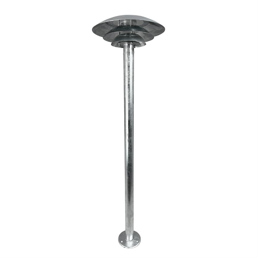 Galvanized steel pole carries a multi-layer round screen and stands vertically on a white, isolated background.