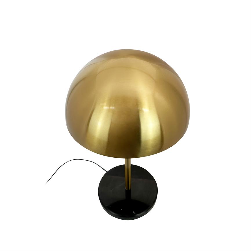 Gold-colored dome lamp stands on a slim rod and black round base; a black wire runs from the side, the object is isolated against a white background.