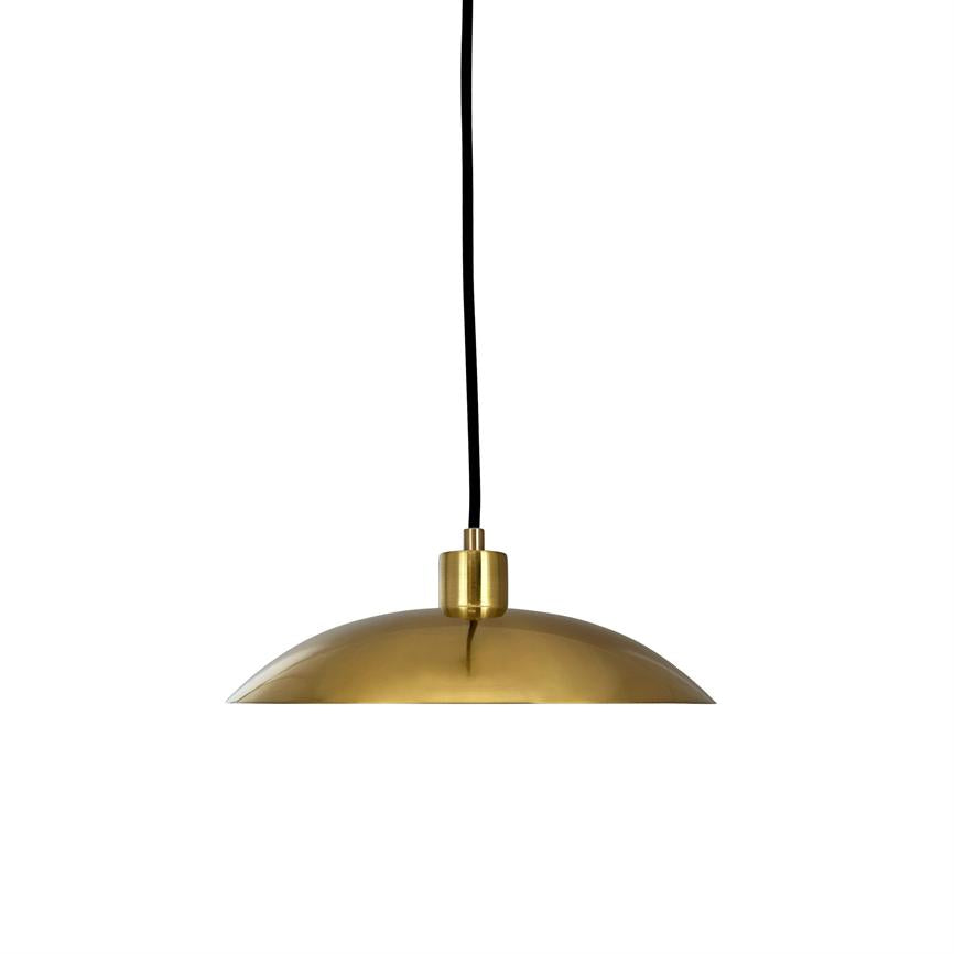 Gold pendant hangs in black cord over white background; hemispherical, shiny metal shade with small cylindrical socket.