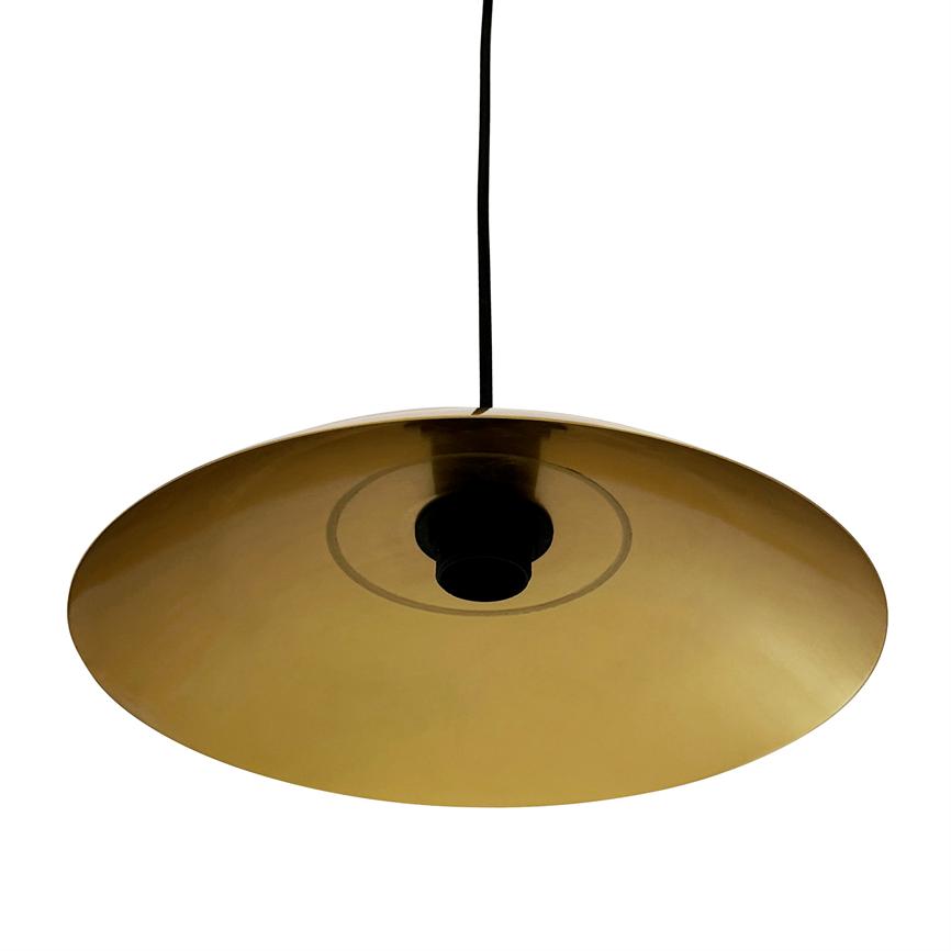A wide, golden one pendant lamp hangs from a black cord; the screen faces down and shows the opening of the lamp socket, set against a uniform white background.
