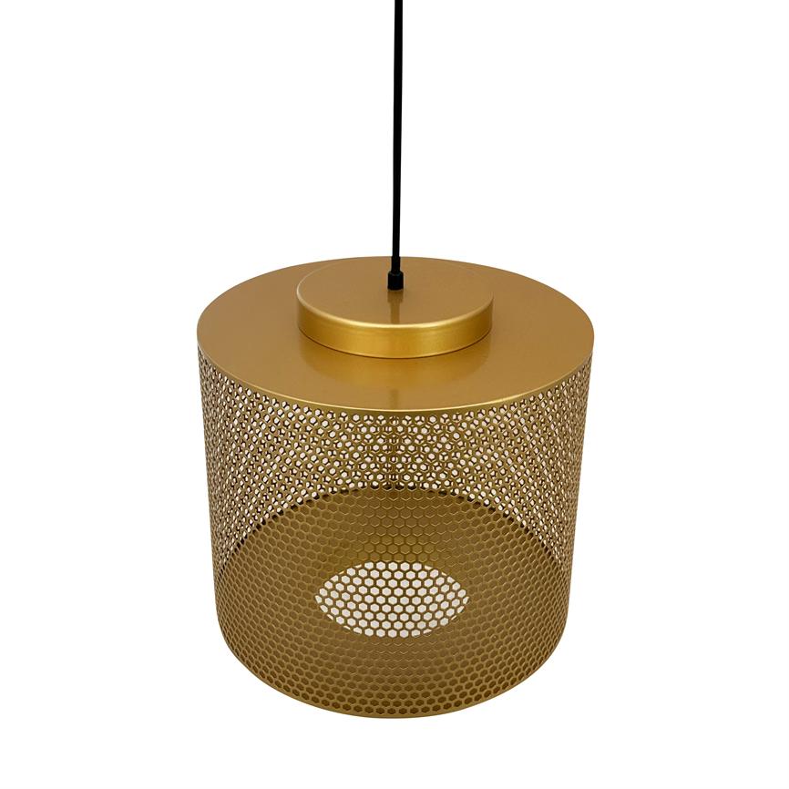 Gold-colored cylindrical pendant lamp hangs from a black cord; perforated hexagonal pattern surrounds the lamp, pictured isolated against a white, neutral background.
