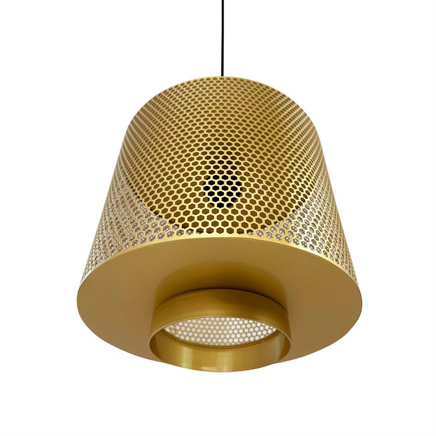 A golden pendant fixture hangs from a black cord; perforated hexagon hole pattern covers the cylindrical screen, with round open base and inner grid; isolated on white background.