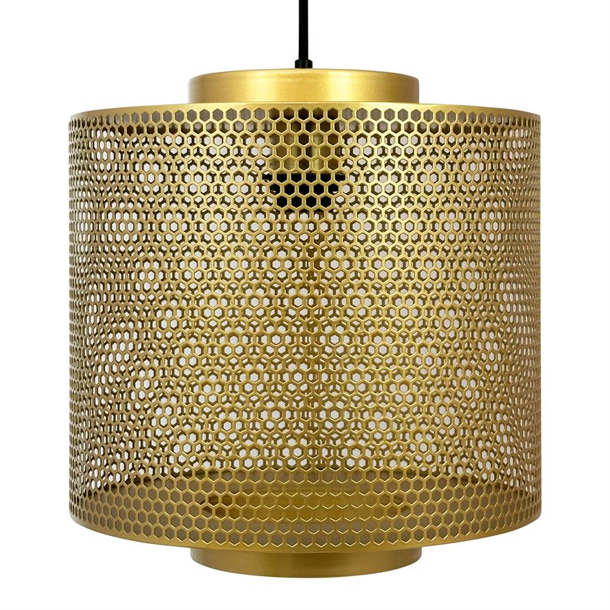 Golden cylindrical shape pendant suspended from ceiling, with perforated beehive pattern that diffuses light through small hexagonal holes, visible inner bulb and black cord against white background.