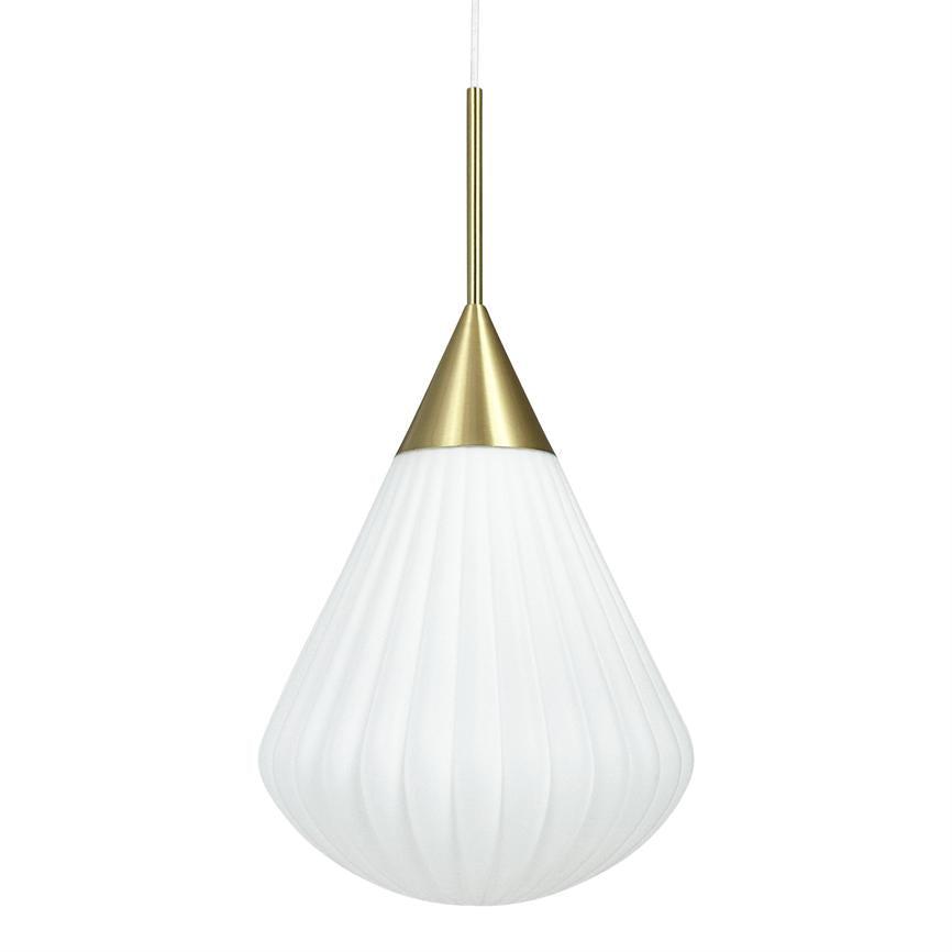 A drop-shaped hanging lamp hangs from a thin cable; white ribbed glass dome with matte gold conical top against neutral white background.