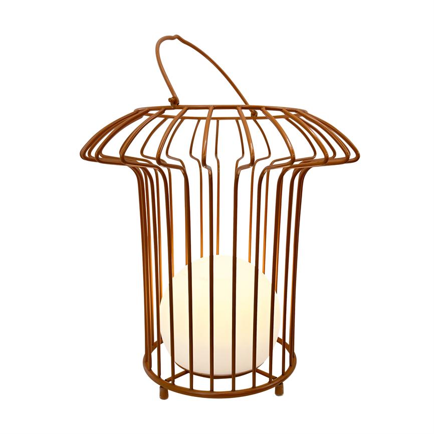 A brown metal cage lantern with handle encases a white sphere which emits soft, warm light, placed alone in front of a clean white background.