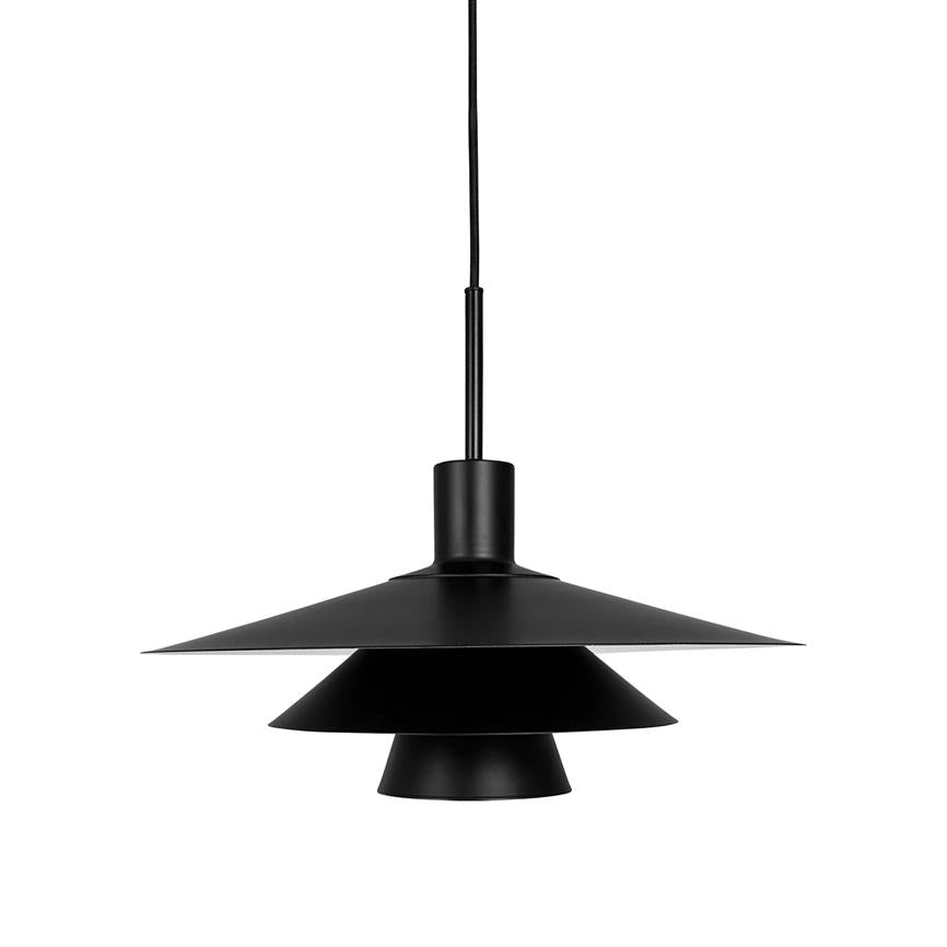 Black pendant lamp with three layered conical shades hangs in black cord against a white background.