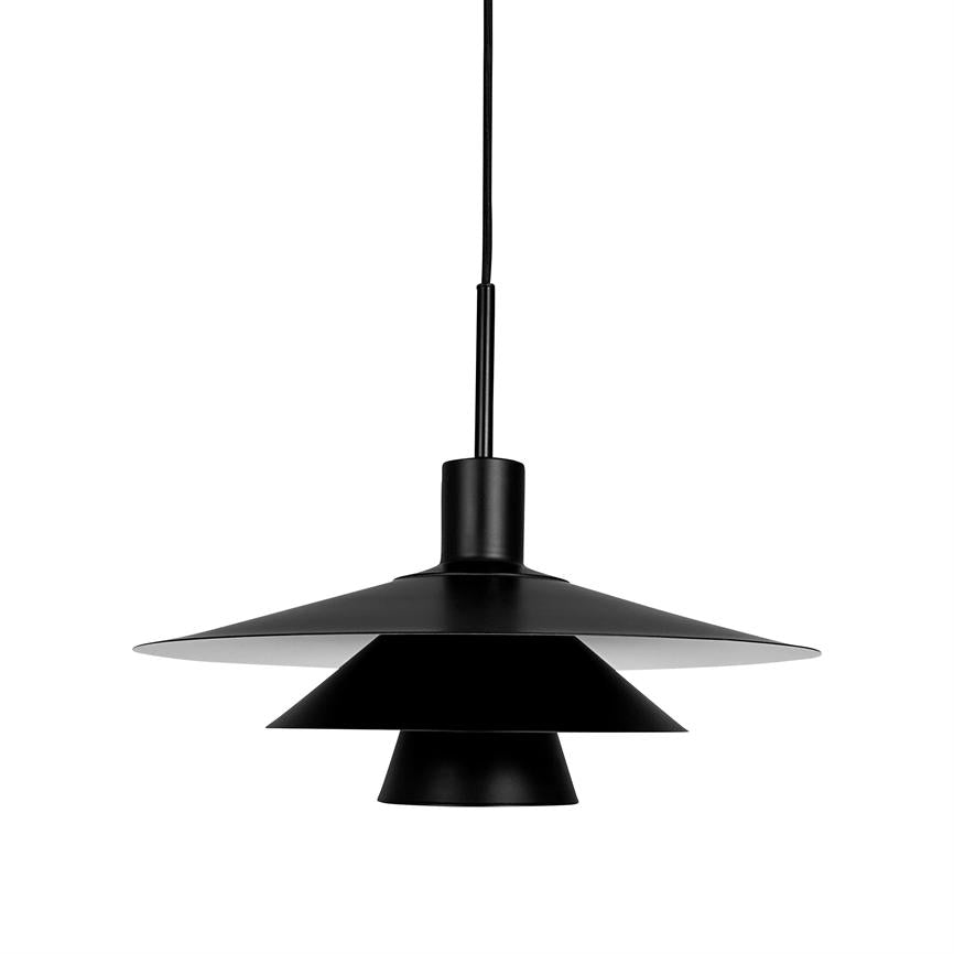 Black pendant ceiling lamp hangs from a single cord, has three layered conical shades (large at the top, smaller in the middle and at the bottom), modern minimalist design against a uniform white background.