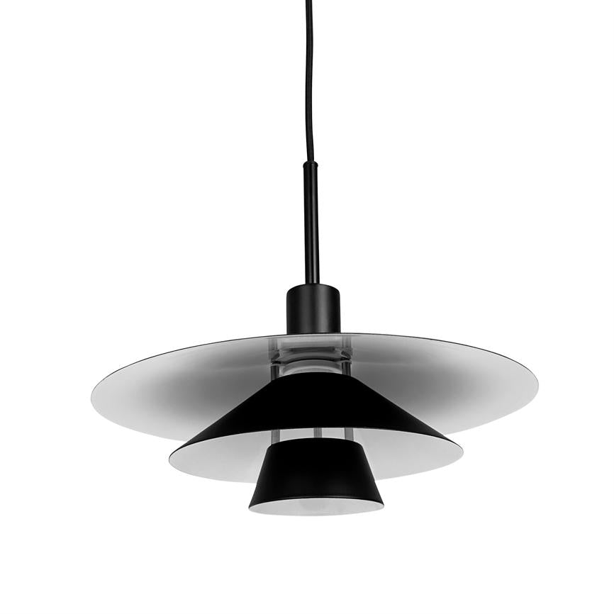 A black multilayer pendant lamp hangs from a thin wire; flat glass and metal discs overlap to form a modern, suspended ceiling light on a white background.